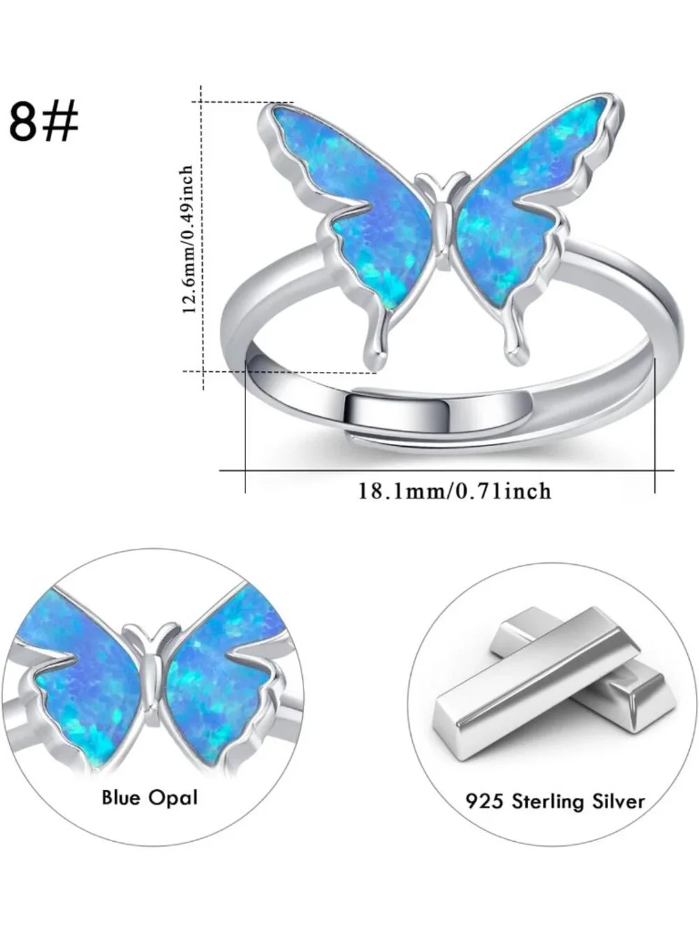 Sterling Silver Opal Butterfly Adjustable Ring - Cute Jewelry for Women’s Gifts